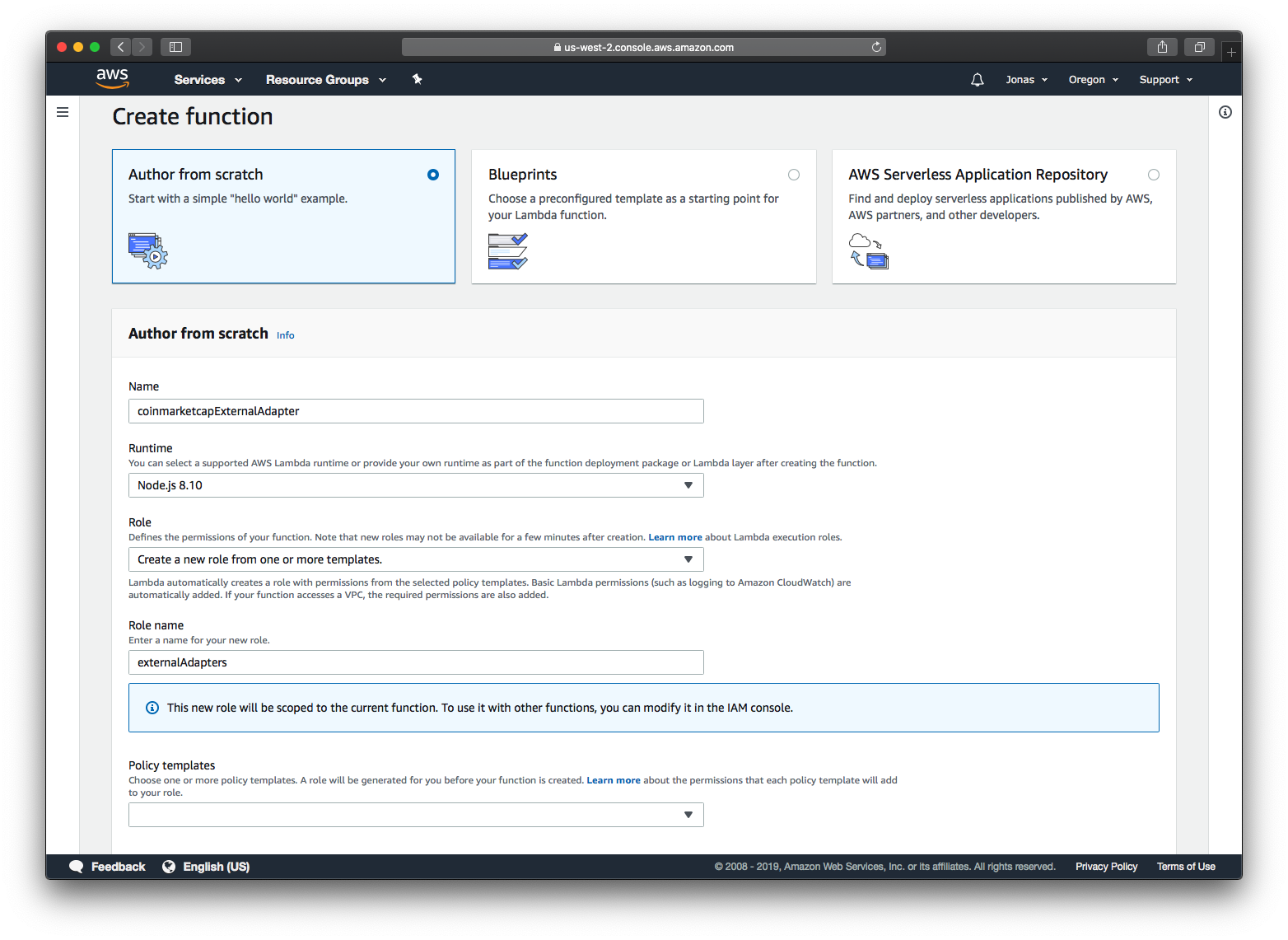 AWS Lambda create function form