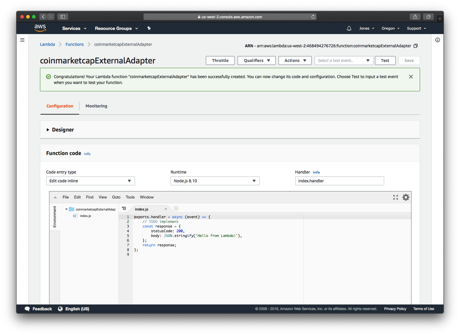 AWS Lambda function configuration